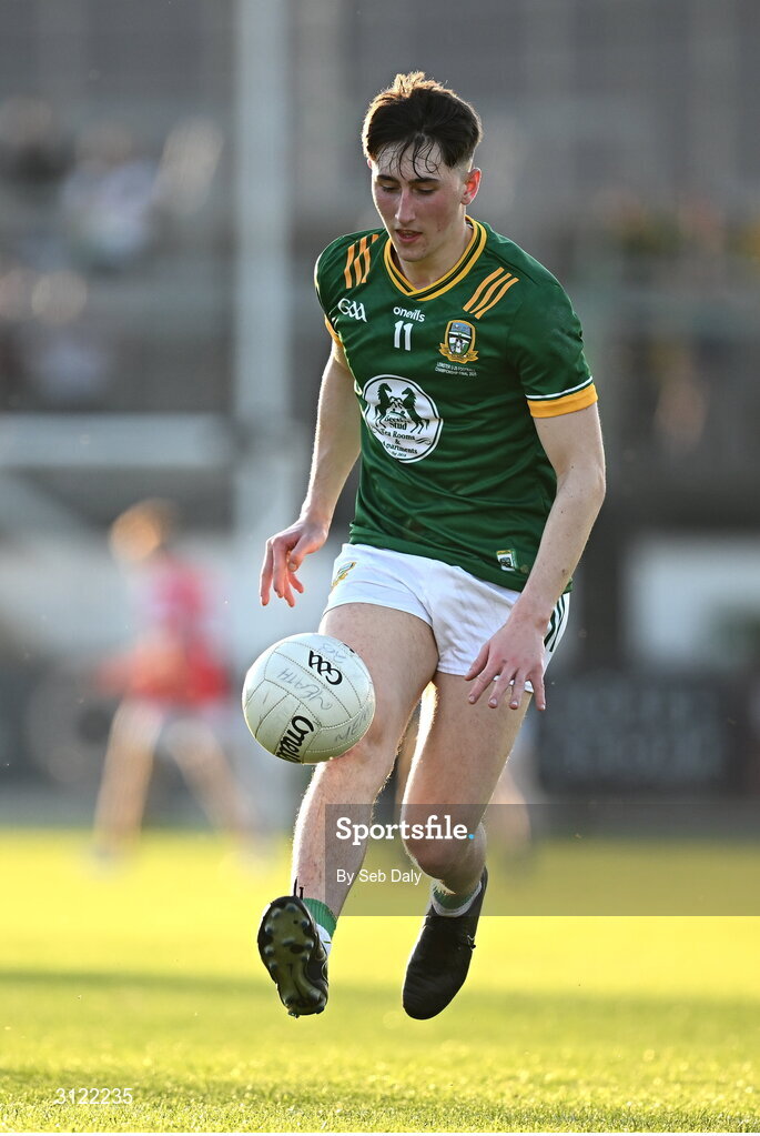 30 April 2025; John Harkin of Meath during the Dalata Hotel Group Leinster GAA Football U20 Championship final match between Meath and Louth at Cedral St Conleth’s Park in Newbridge, Kildare. Photo by Seb Daly/Sportsfile