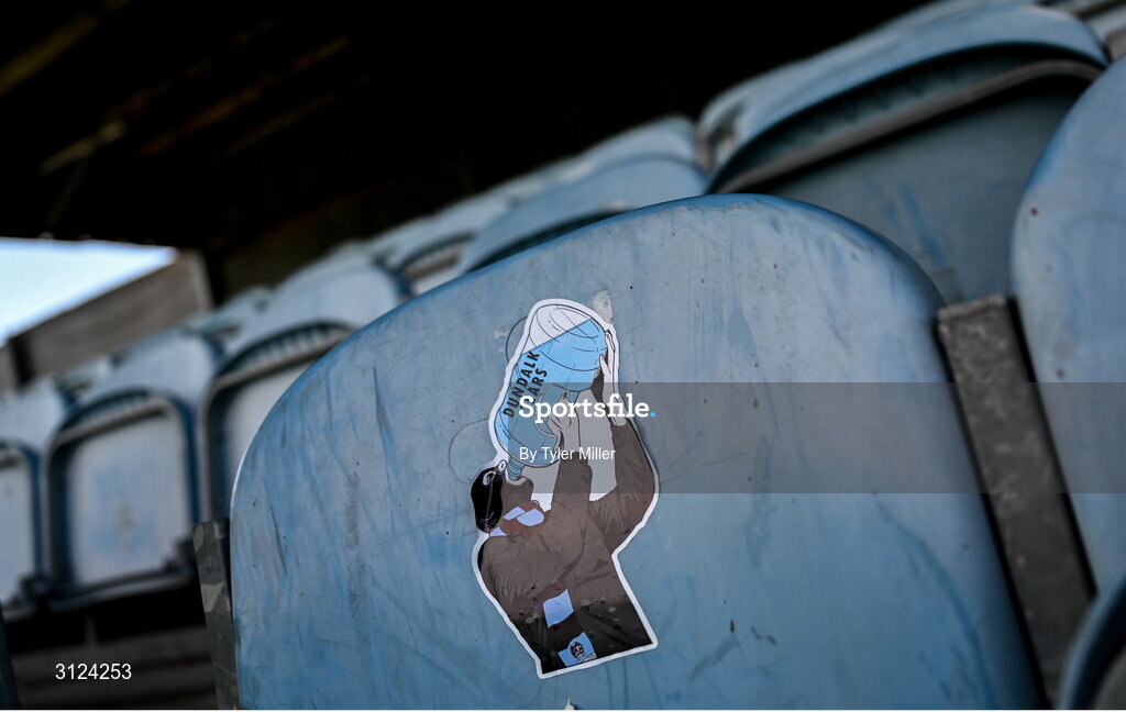 5 May 2025; A sticker in seen on a seat before the SSE Airtricity Men's Premier Division match between Drogheda United and Cork City at Sullivan & Lambe Park in Drogheda, Louth. Photo by Tyler Miller/Sportsfile