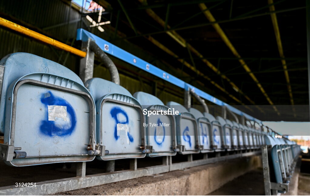 5 May 2025; Graffiti is seen on seats before the SSE Airtricity Men's Premier Division match between Drogheda United and Cork City at Sullivan & Lambe Park in Drogheda, Louth. Photo by Tyler Miller/Sportsfile