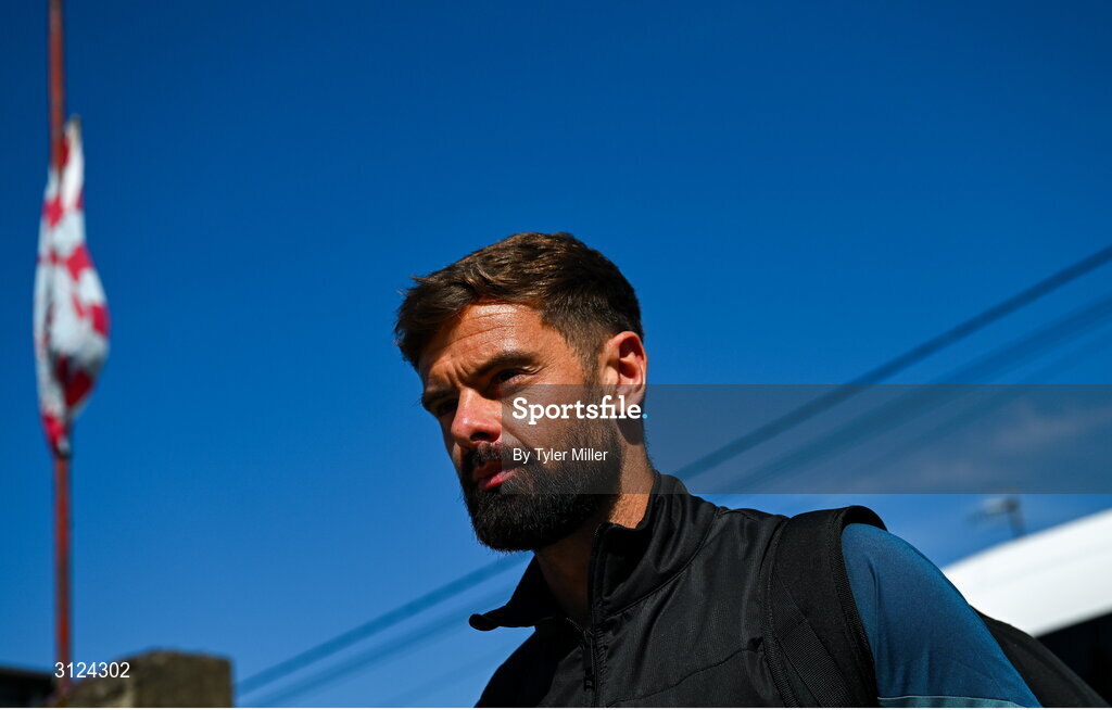 5 May 2025; Greg Bolger of Cork City arrives before the SSE Airtricity Men's Premier Division match between Drogheda United and Cork City at Sullivan & Lambe Park in Drogheda, Louth. Photo by Tyler Miller/Sportsfile