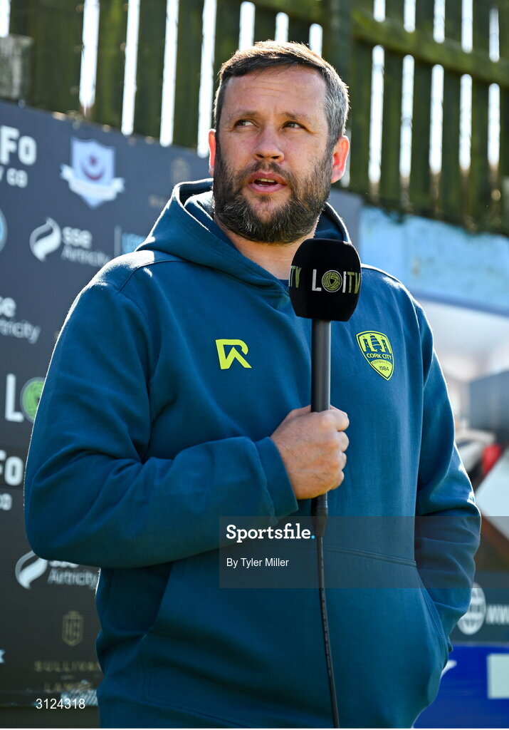 5 May 2025; Cork City manager Tim Clancy is interviewed before the SSE Airtricity Men's Premier Division match between Drogheda United and Cork City at Sullivan & Lambe Park in Drogheda, Louth. Photo by Tyler Miller/Sportsfile