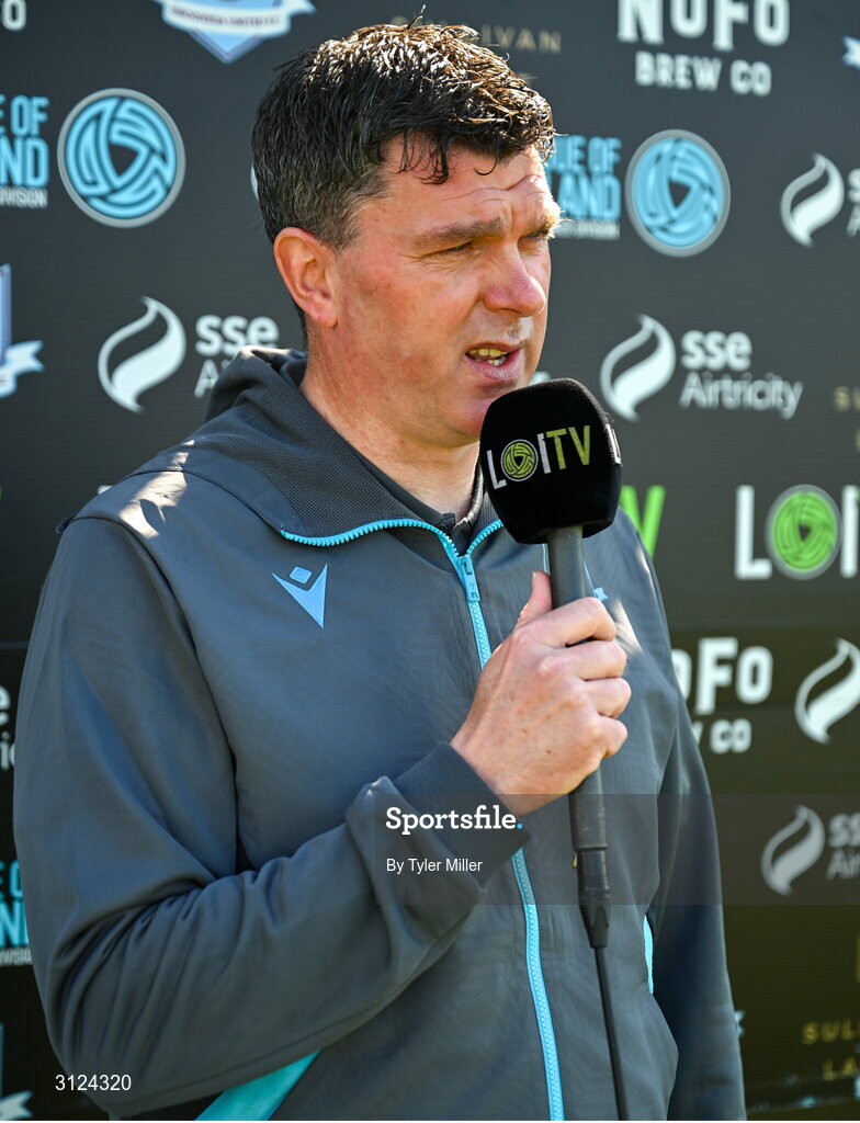 5 May 2025; Drogheda United manager Kevin Doherty is interviewed before the SSE Airtricity Men's Premier Division match between Drogheda United and Cork City at Sullivan & Lambe Park in Drogheda, Louth. Photo by Tyler Miller/Sportsfile