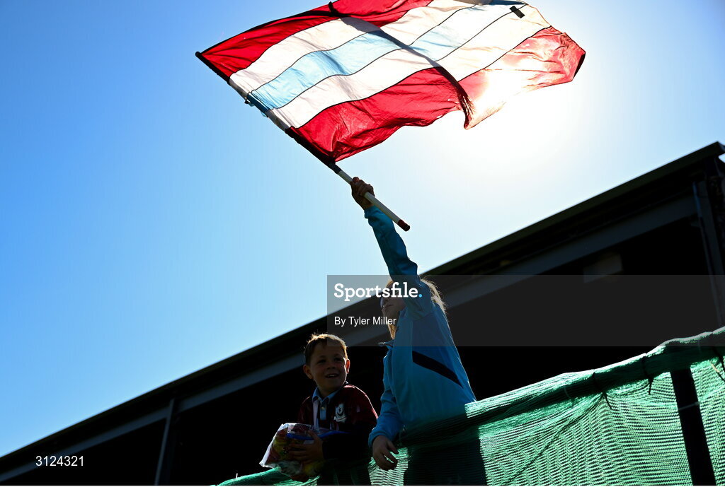 5 May 2025; Drogheda United supporters Harry McGuinness, left, and Alex Goring before the SSE Airtricity Men's Premier Division match between Drogheda United and Cork City at Sullivan & Lambe Park in Drogheda, Louth. Photo by Tyler Miller/Sportsfile