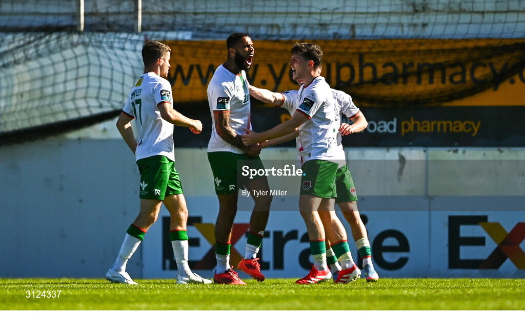5 May 2025; Djenairo Daniels of Cork City, centre, celebrates with team-mates after scoring their side's first goal during the SSE Airtricity Men's Premier Division match between Drogheda United and Cork City at Sullivan & Lambe Park in Drogheda, Louth. Photo by Tyler Miller/Sportsfile