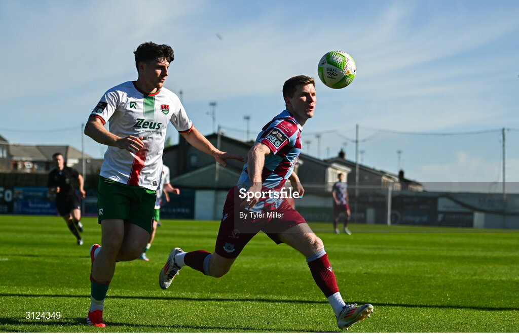 5 May 2025; Conor Kane of Drogheda United in action against Harry Nevin of Cork City during the SSE Airtricity Men's Premier Division match between Drogheda United and Cork City at Sullivan & Lambe Park in Drogheda, Louth. Photo by Tyler Miller/Sportsfile