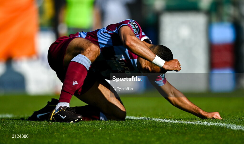 5 May 2025; Douglas James-Taylor of Drogheda United reacts to a missed opportunity on goal during the SSE Airtricity Men's Premier Division match between Drogheda United and Cork City at Sullivan & Lambe Park in Drogheda, Louth. Photo by Tyler Miller/Sportsfile