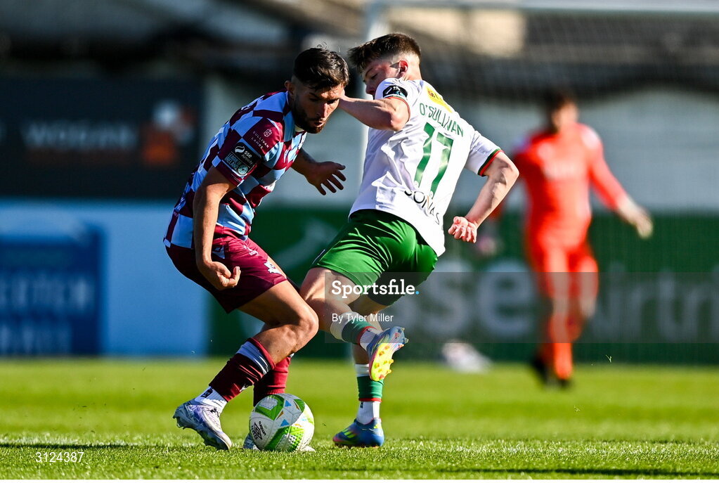 5 May 2025; Luke Heeney of Drogheda United in action against Cathal O'Sullivan of Cork City during the SSE Airtricity Men's Premier Division match between Drogheda United and Cork City at Sullivan & Lambe Park in Drogheda, Louth. Photo by Tyler Miller/Sportsfile