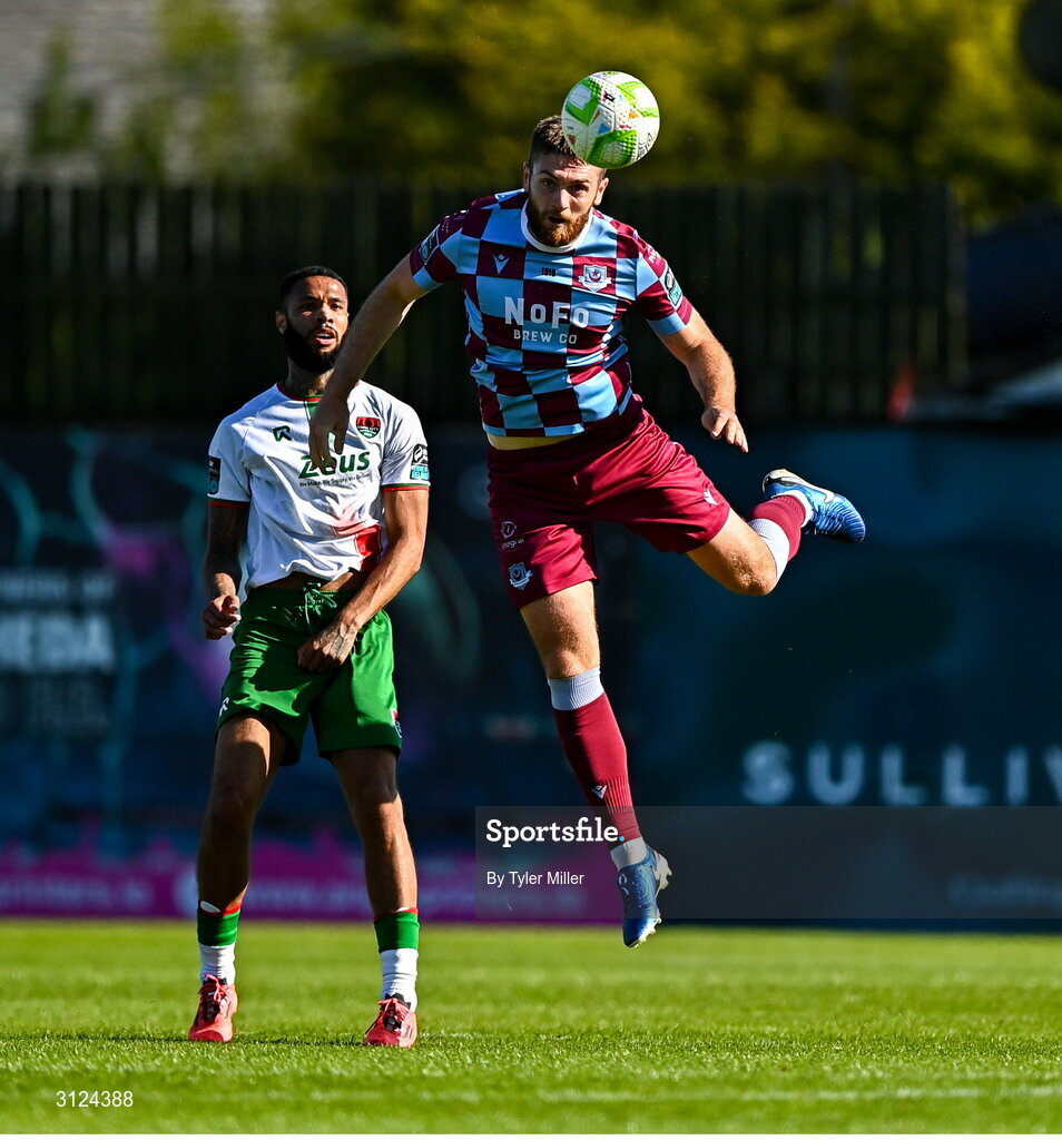 5 May 2025; Conor Keeley of Drogheda United in action against Djenairo Daniels of Cork City during the SSE Airtricity Men's Premier Division match between Drogheda United and Cork City at Sullivan & Lambe Park in Drogheda, Louth. Photo by Tyler Miller/Sportsfile