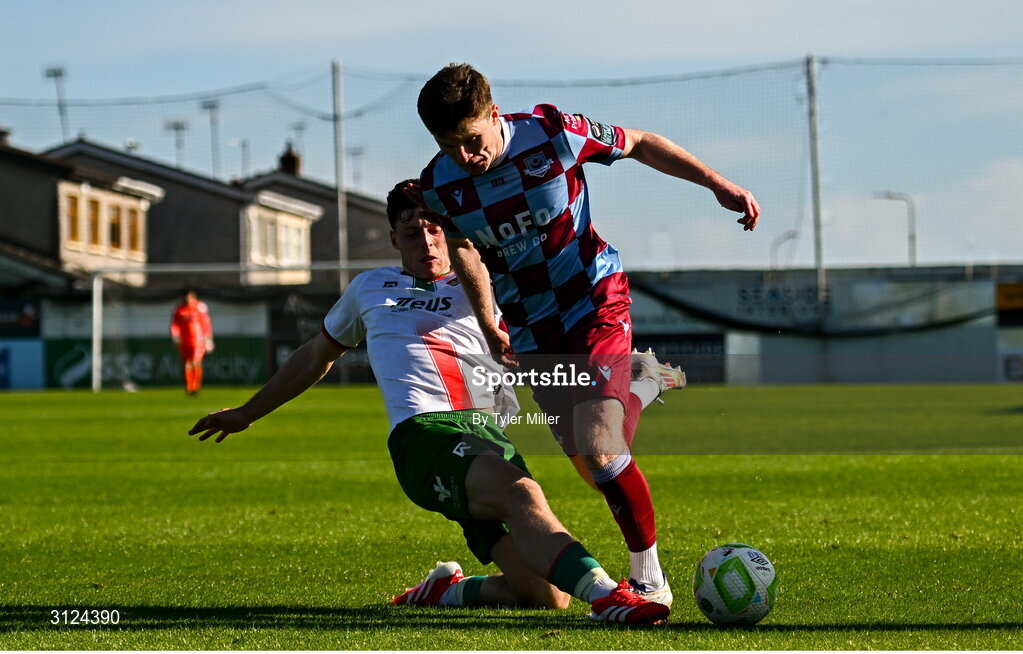 5 May 2025; Conor Kane of Drogheda United is tackled by Harry Nevin of Cork City during the SSE Airtricity Men's Premier Division match between Drogheda United and Cork City at Sullivan & Lambe Park in Drogheda, Louth. Photo by Tyler Miller/Sportsfile
