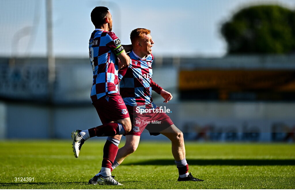 5 May 2025; Shane Farrell of Drogheda United, right, celebrates with team-mate Ryan Brennan after scoring their side's first goal during the SSE Airtricity Men's Premier Division match between Drogheda United and Cork City at Sullivan & Lambe Park in Drogheda, Louth. Photo by Tyler Miller/Sportsfile