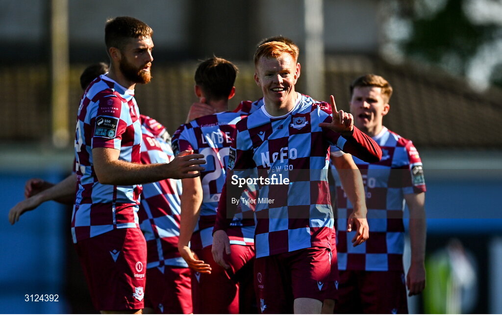5 May 2025; Shane Farrell of Drogheda United, right, celebrates after scoring his side's first goal during the SSE Airtricity Men's Premier Division match between Drogheda United and Cork City at Sullivan & Lambe Park in Drogheda, Louth. Photo by Tyler Miller/Sportsfile