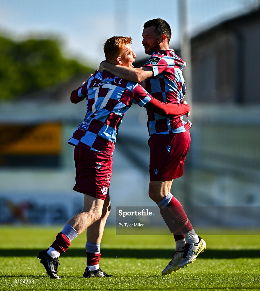 5 May 2025; Shane Farrell of Drogheda United, left, celebrates with team-mate Ryan Brennan after scoring their side's first goal during the SSE Airtricity Men's Premier Division match between Drogheda United and Cork City at Sullivan & Lambe Park in Drogheda, Louth. Photo by Tyler Miller/Sportsfile
