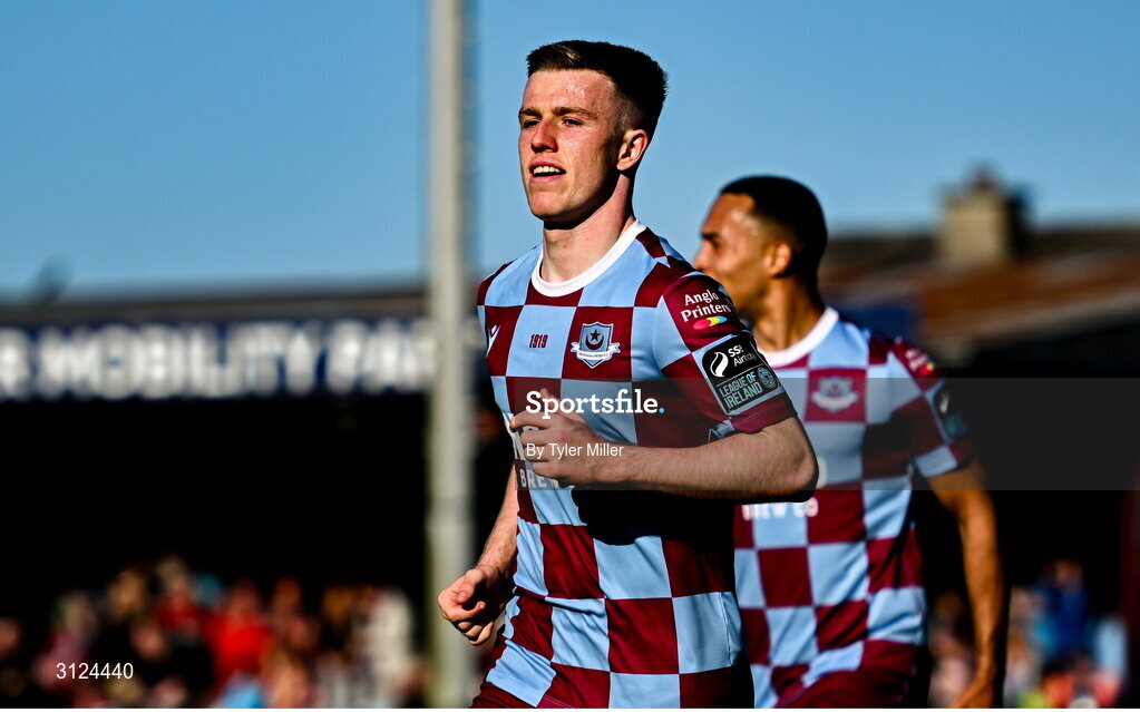 5 May 2025; Warren Davis of Drogheda United celebrates after scoring his side's second goal during the SSE Airtricity Men's Premier Division match between Drogheda United and Cork City at Sullivan & Lambe Park in Drogheda, Louth. Photo by Tyler Miller/Sportsfile