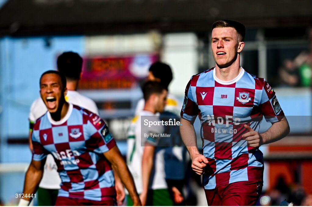 5 May 2025; Warren Davis of Drogheda United, right, celebrates after scoring his side's second goal during the SSE Airtricity Men's Premier Division match between Drogheda United and Cork City at Sullivan & Lambe Park in Drogheda, Louth. Photo by Tyler Miller/Sportsfile