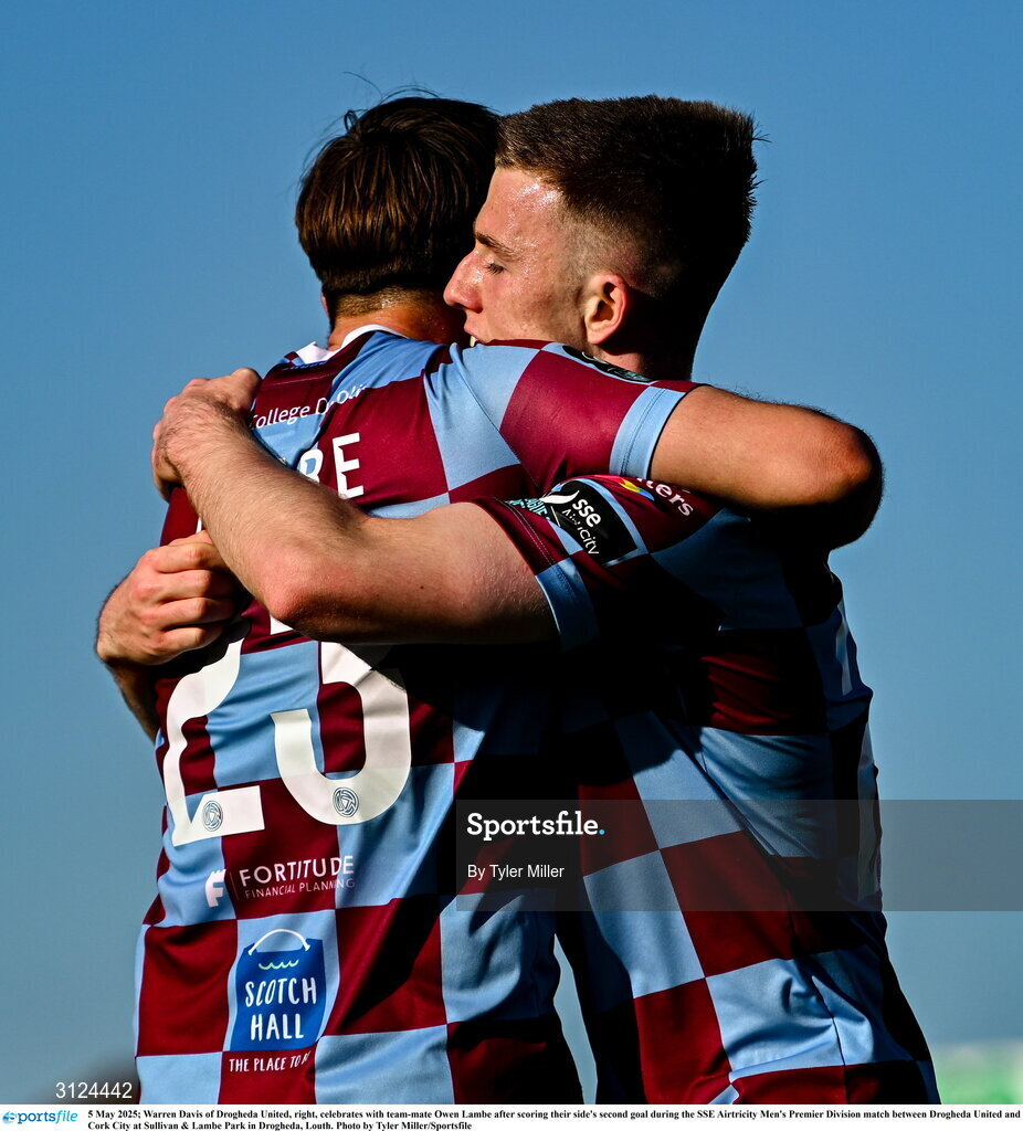 5 May 2025; Warren Davis of Drogheda United, right, celebrates with team-mate Owen Lambe after scoring their side's second goal during the SSE Airtricity Men's Premier Division match between Drogheda United and Cork City at Sullivan & Lambe Park in Drogheda, Louth. Photo by Tyler Miller/Sportsfile