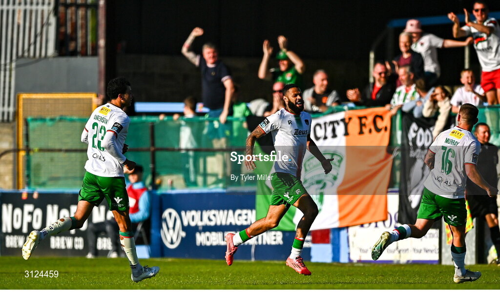 5 May 2025; Djenairo Daniels of Cork City, centre, celebrates after scoring his side's second goal during the SSE Airtricity Men's Premier Division match between Drogheda United and Cork City at Sullivan & Lambe Park in Drogheda, Louth. Photo by Tyler Miller/Sportsfile