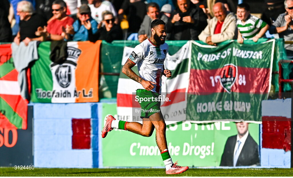 5 May 2025; Djenairo Daniels of Cork City celebrates after scoring his side's second goal during the SSE Airtricity Men's Premier Division match between Drogheda United and Cork City at Sullivan & Lambe Park in Drogheda, Louth. Photo by Tyler Miller/Sportsfile