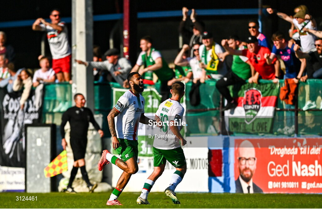 5 May 2025; Djenairo Daniels of Cork City, left, celebrates after scoring his side's second goal during the SSE Airtricity Men's Premier Division match between Drogheda United and Cork City at Sullivan & Lambe Park in Drogheda, Louth. Photo by Tyler Miller/Sportsfile