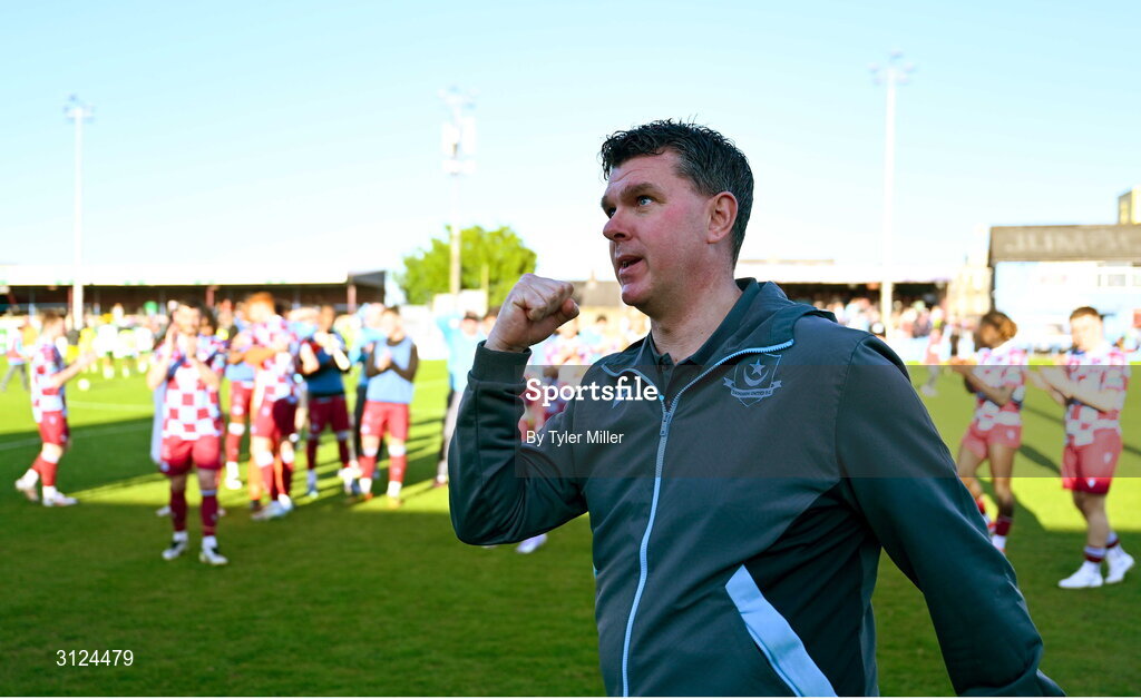 5 May 2025; Drogheda United manager Kevin Doherty celebrates after the SSE Airtricity Men's Premier Division match between Drogheda United and Cork City at Sullivan & Lambe Park in Drogheda, Louth. Photo by Tyler Miller/Sportsfile