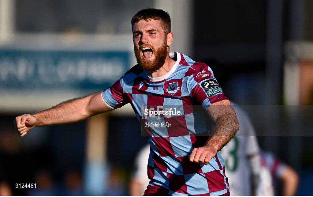 5 May 2025; Conor Keeley of Drogheda United celebrates after team-mate Ryan Brennan, not pictured, scoreed their side's third goal, a penalty, during the SSE Airtricity Men's Premier Division match between Drogheda United and Cork City at Sullivan & Lambe Park in Drogheda, Louth. Photo by Tyler Miller/Sportsfile