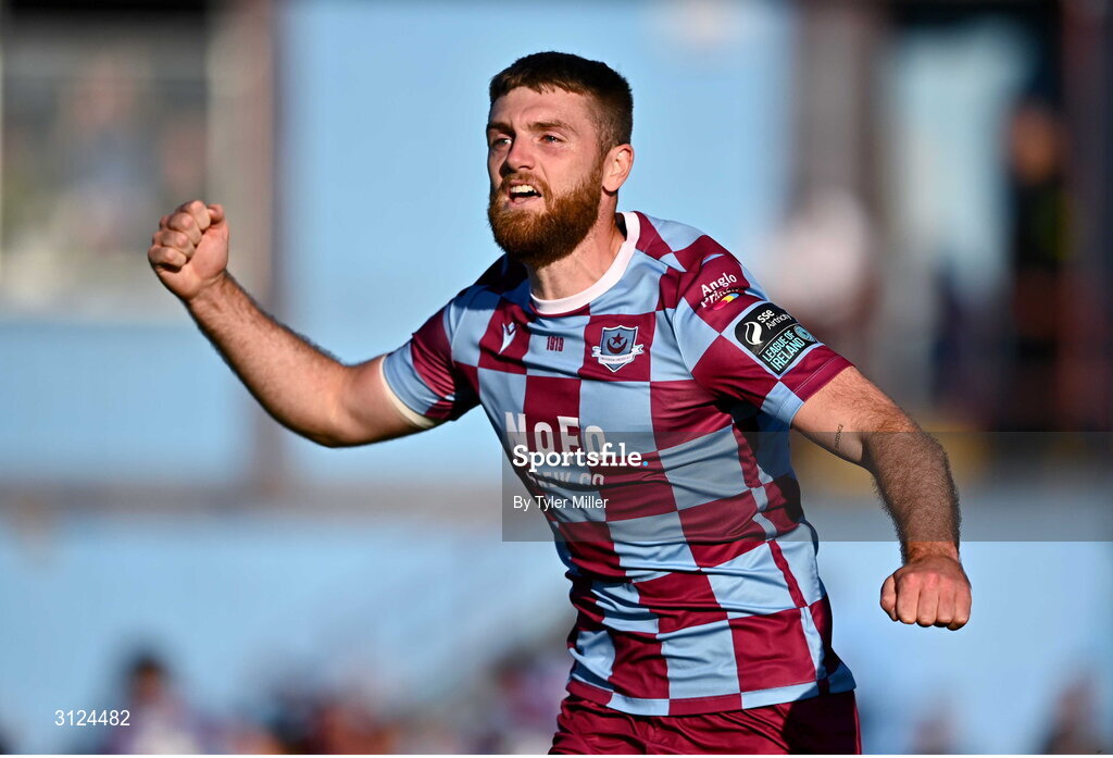 5 May 2025; Conor Keeley of Drogheda United celebrates after team-mate Ryan Brennan, not pictured, scoreed their side's third goal, a penalty, during the SSE Airtricity Men's Premier Division match between Drogheda United and Cork City at Sullivan & Lambe Park in Drogheda, Louth. Photo by Tyler Miller/Sportsfile