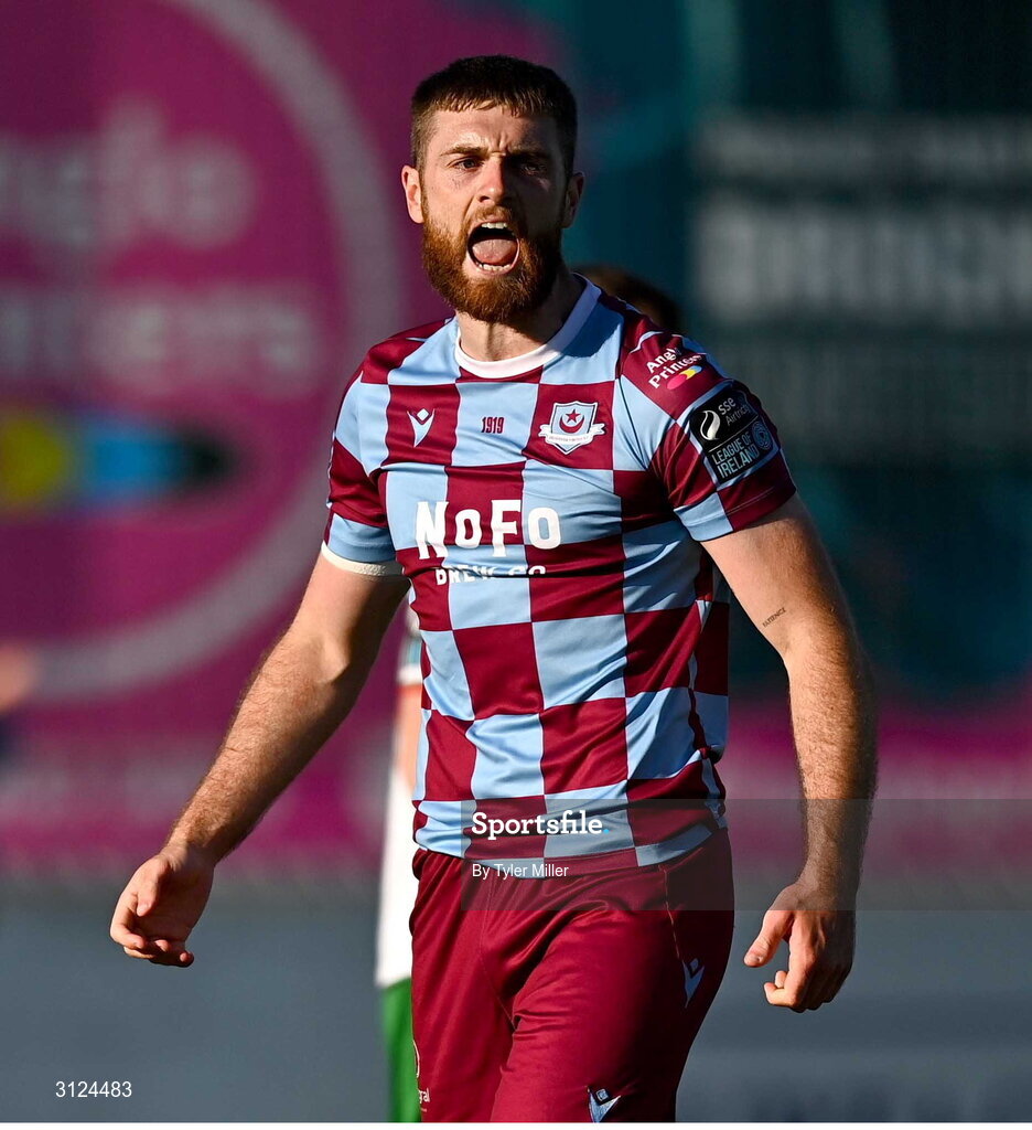 5 May 2025; Conor Keeley of Drogheda United celebrates at the final whistle during the SSE Airtricity Men's Premier Division match between Drogheda United and Cork City at Sullivan & Lambe Park in Drogheda, Louth. Photo by Tyler Miller/Sportsfile