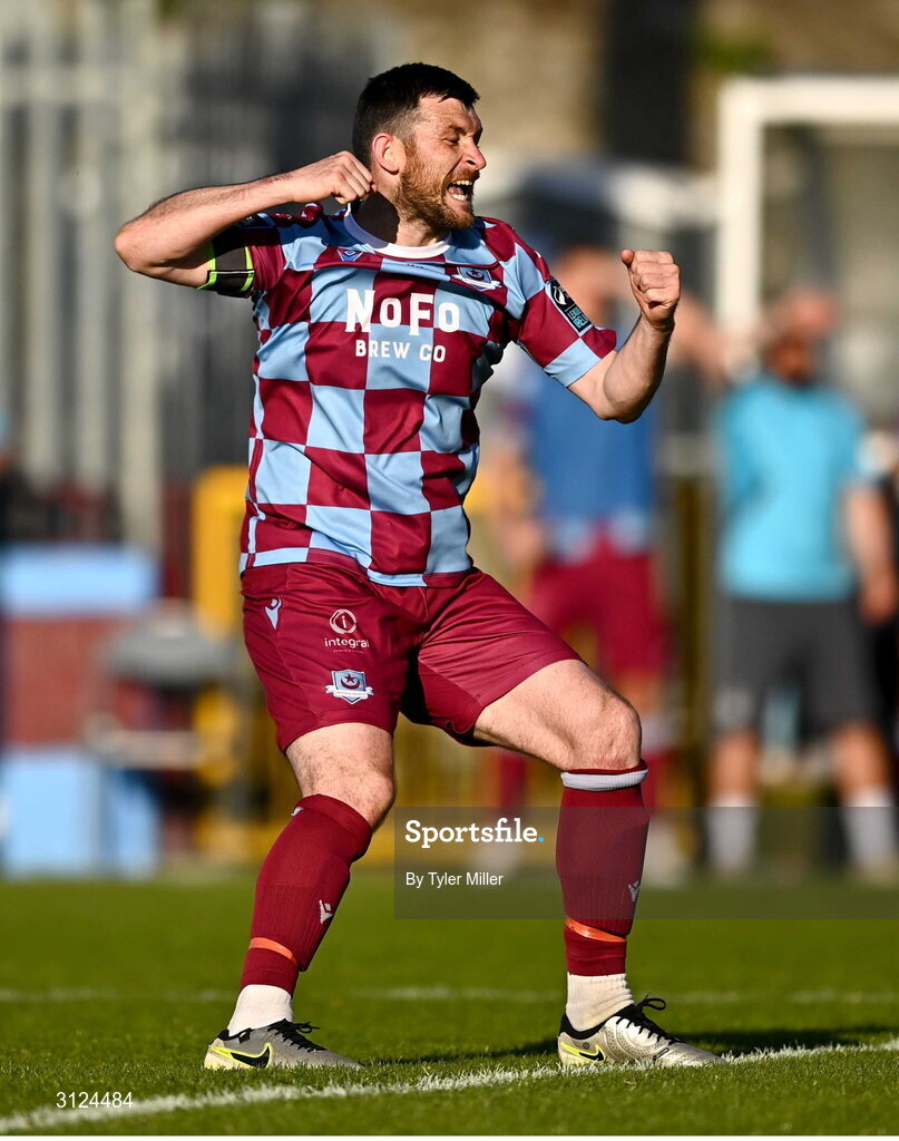 5 May 2025; Ryan Brennan of Drogheda United celebrates at the final whistle during the SSE Airtricity Men's Premier Division match between Drogheda United and Cork City at Sullivan & Lambe Park in Drogheda, Louth. Photo by Tyler Miller/Sportsfile