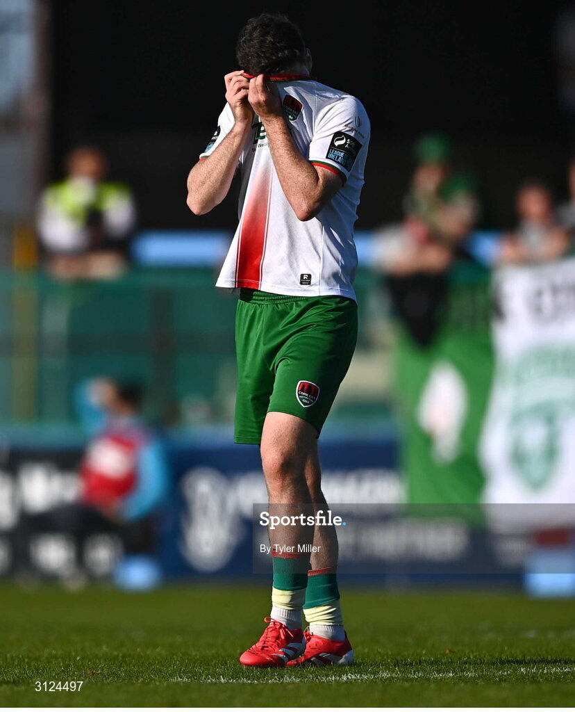 5 May 2025; Harry Nevin of Cork City reacts during the SSE Airtricity Men's Premier Division match between Drogheda United and Cork City at Sullivan & Lambe Park in Drogheda, Louth. Photo by Tyler Miller/Sportsfile