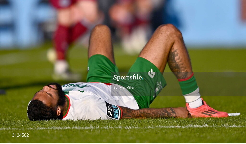 5 May 2025; Djenairo Daniels of Cork City reacts after the SSE Airtricity Men's Premier Division match between Drogheda United and Cork City at Sullivan & Lambe Park in Drogheda, Louth. Photo by Tyler Miller/Sportsfile