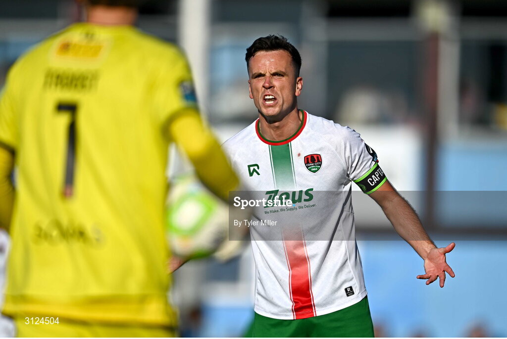 5 May 2025; Charlie Lyons of Cork City reacts during the SSE Airtricity Men's Premier Division match between Drogheda United and Cork City at Sullivan & Lambe Park in Drogheda, Louth. Photo by Tyler Miller/Sportsfile