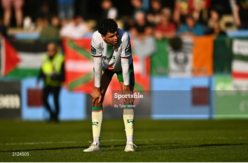 5 May 2025; Benny Couto of Cork City reacts after the SSE Airtricity Men's Premier Division match between Drogheda United and Cork City at Sullivan & Lambe Park in Drogheda, Louth. Photo by Tyler Miller/Sportsfile