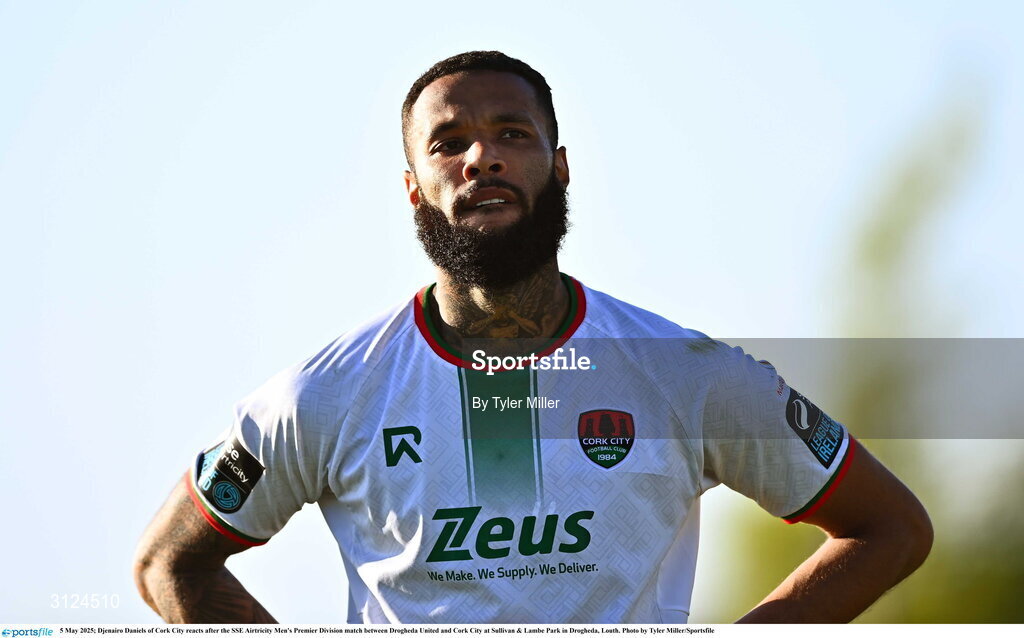 5 May 2025; Djenairo Daniels of Cork City reacts after the SSE Airtricity Men's Premier Division match between Drogheda United and Cork City at Sullivan & Lambe Park in Drogheda, Louth. Photo by Tyler Miller/Sportsfile