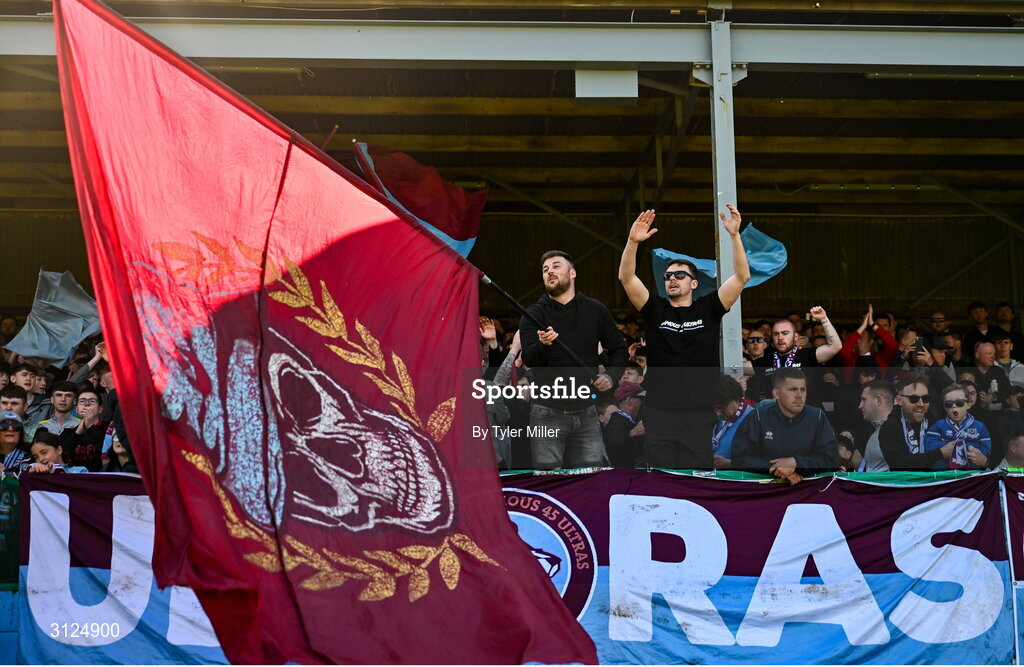 5 May 2025; Drogheda supporters before the SSE Airtricity Men's Premier Division match between Drogheda United and Cork City at Sullivan & Lambe Park in Drogheda, Louth. Photo by Tyler Miller/Sportsfile