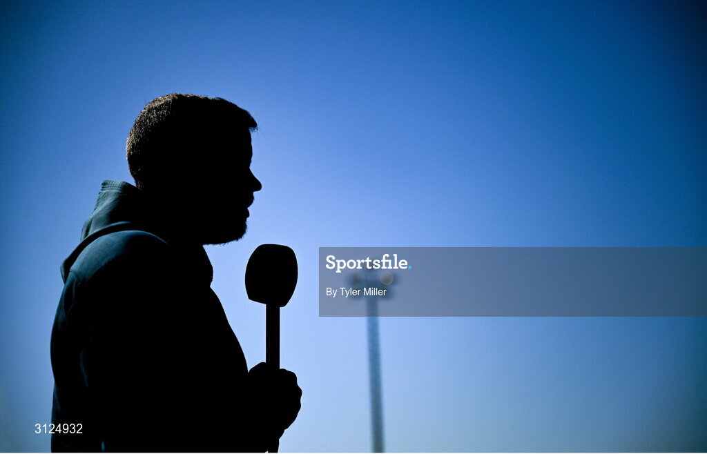 5 May 2025; Cork City manager Tim Clancy is interviewed before the SSE Airtricity Men's Premier Division match between Drogheda United and Cork City at Sullivan & Lambe Park in Drogheda, Louth. Photo by Tyler Miller/Sportsfile
