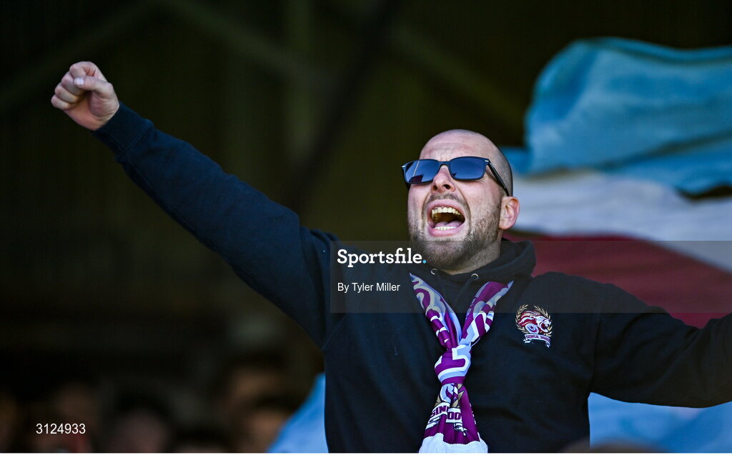 5 May 2025; A Drogheda United supporter before the SSE Airtricity Men's Premier Division match between Drogheda United and Cork City at Sullivan & Lambe Park in Drogheda, Louth. Photo by Tyler Miller/Sportsfile
