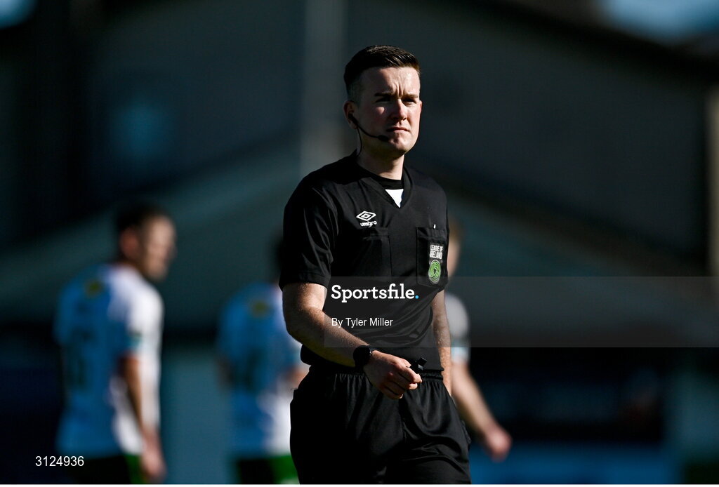 5 May 2025; Referee Aaron O'Dowd during the SSE Airtricity Men's Premier Division match between Drogheda United and Cork City at Sullivan & Lambe Park in Drogheda, Louth. Photo by Tyler Miller/Sportsfile