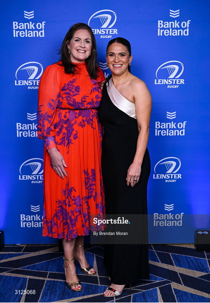 6 May 2025; Fiona Coghlan and Tania Rosser on arrival at the Leinster Rugby awards ball 2025 at O'Reilly Hall in UCD, Dublin. Photo by Brendan Moran/Sportsfile