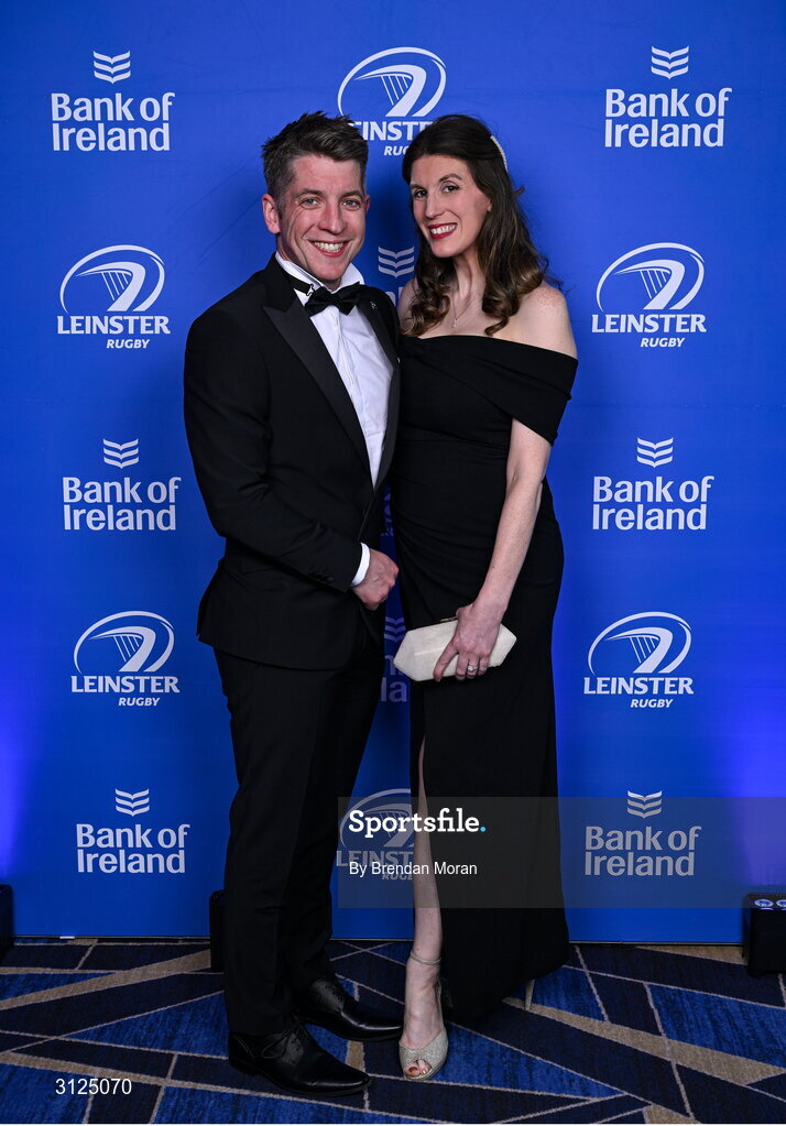 6 May 2025; Joe McGinley and Valerie Broderick on arrival at the Leinster Rugby awards ball 2025 at O'Reilly Hall in UCD, Dublin. Photo by Brendan Moran/Sportsfile