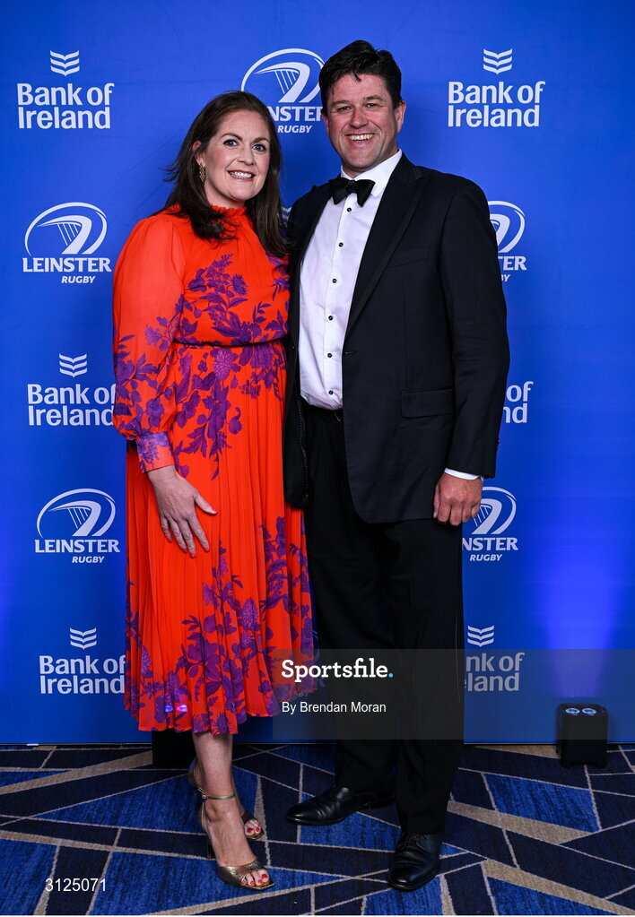 6 May 2025; Fiona Coghlan and Colin Browne on arrival at the Leinster Rugby awards ball 2025 at O'Reilly Hall in UCD, Dublin. Photo by Brendan Moran/Sportsfile