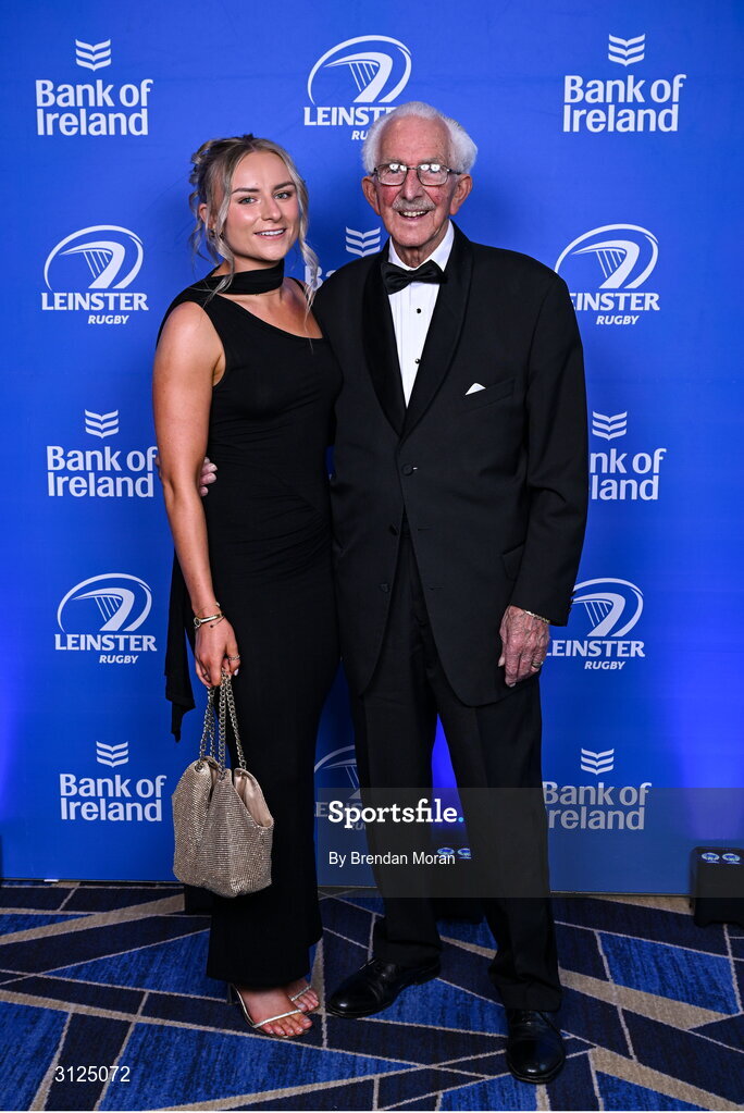 6 May 2025; Emma Tilly and her grandfather Liam on arrival at the Leinster Rugby awards ball 2025 at O'Reilly Hall in UCD, Dublin. Photo by Brendan Moran/Sportsfile