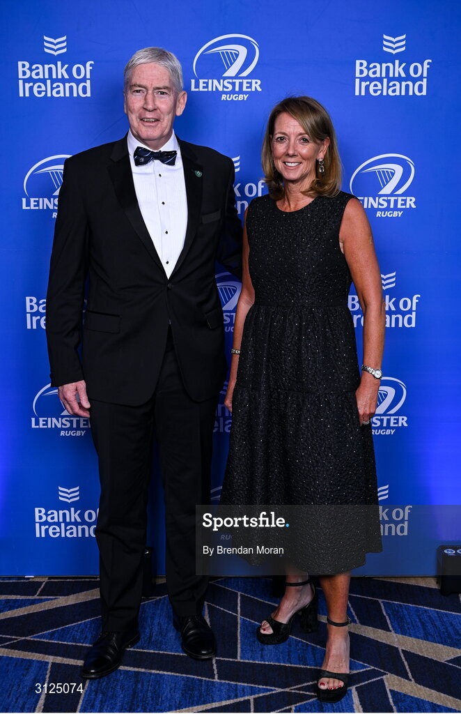6 May 2025; Leinster Rugby President Declan Gardiner and his wife Helen on arrival at the Leinster Rugby awards ball 2025 at O'Reilly Hall in UCD, Dublin. Photo by Brendan Moran/Sportsfile