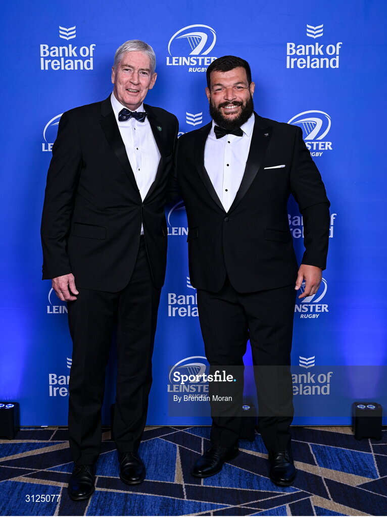 6 May 2025; Leinster Rugby President Declan Gardiner and Rabah Slimani on arrival at the Leinster Rugby awards ball 2025 at O'Reilly Hall in UCD, Dublin. Photo by Brendan Moran/Sportsfile