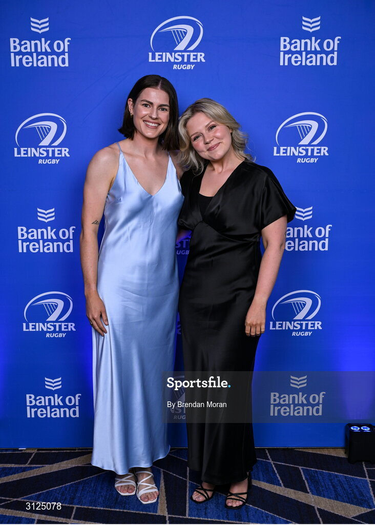 6 May 2025; Juliette Fortune and Lauren Casey on arrival at the Leinster Rugby awards ball 2025 at O'Reilly Hall in UCD, Dublin. Photo by Brendan Moran/Sportsfile