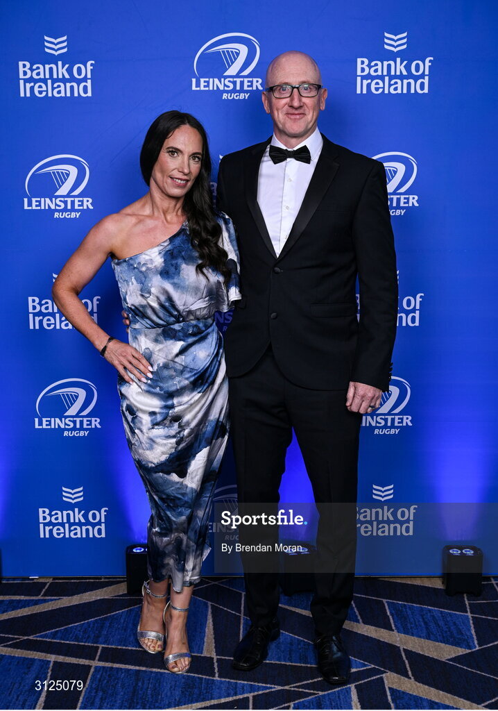 6 May 2025; Garreth and Ellie Farrell on arrival at the Leinster Rugby awards ball 2025 at O'Reilly Hall in UCD, Dublin. Photo by Brendan Moran/Sportsfile