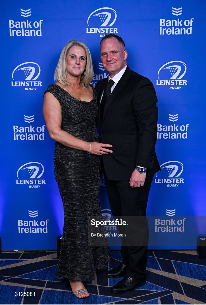 6 May 2025; Marcus Ó Buachalla and his wife Laura on arrival at the Leinster Rugby awards ball 2025 at O'Reilly Hall in UCD, Dublin. Photo by Brendan Moran/Sportsfile