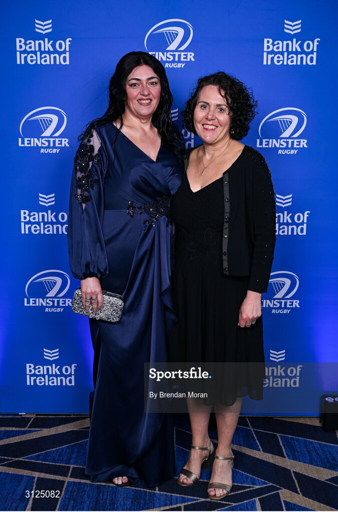 6 May 2025; Rachael O'Brien, left, and Claire Kilcline on arrival at the Leinster Rugby awards ball 2025 at O'Reilly Hall in UCD, Dublin. Photo by Brendan Moran/Sportsfile