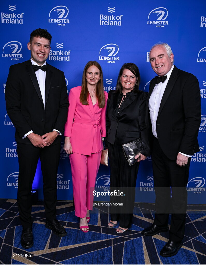 6 May 2025; On arrival are, from left, Simon Owens, Sinead Conroy, Tanya Meighan and Michael Ruane at the Leinster Rugby awards ball 2025 at O'Reilly Hall in UCD, Dublin. Photo by Brendan Moran/Sportsfile