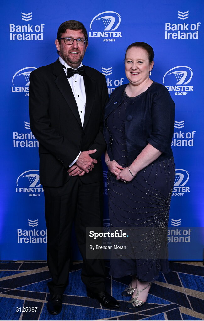 6 May 2025; Alan Mooney and Kate O'Leary on arrival at the Leinster Rugby awards ball 2025 at O'Reilly Hall in UCD, Dublin. Photo by Brendan Moran/Sportsfile
