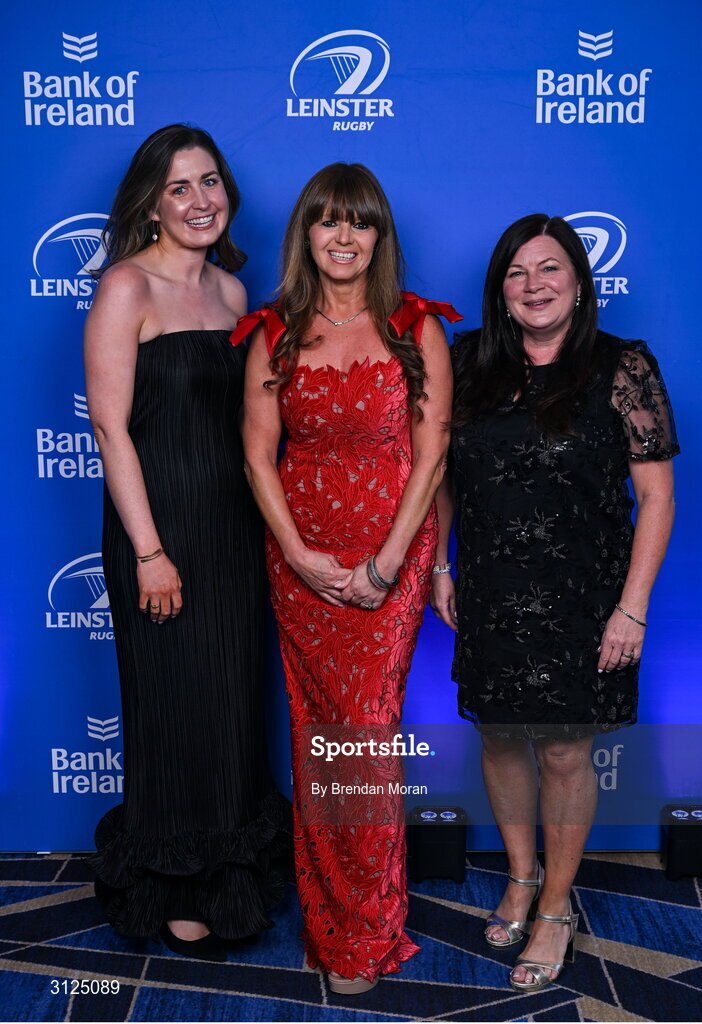 6 May 2025; On arrival are, from left to right, Laura Byrne, Sharon Woods and Bebhinn Dunne, at the Leinster Rugby awards ball 2025 at O'Reilly Hall in UCD, Dublin. Photo by Brendan Moran/Sportsfile