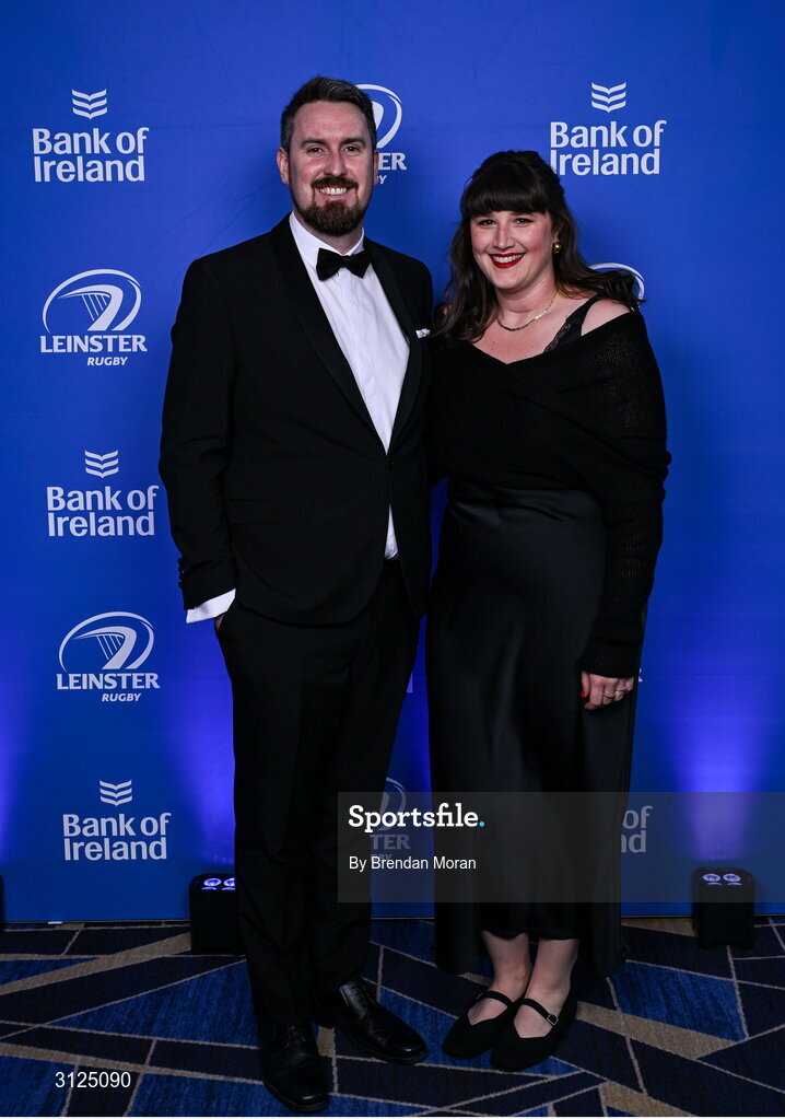 6 May 2025; Kevin Beirne and Kathi Harder on arrival at the Leinster Rugby awards ball 2025 at O'Reilly Hall in UCD, Dublin. Photo by Brendan Moran/Sportsfile